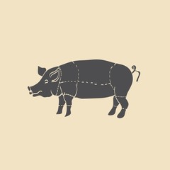 pig icon, vector pig silhouette, isolated butcher shop sign