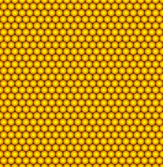 Abstract vector seamless pattern with structure of repeating yellow circles with volume effect. Repeating modern stylish geometric background. Honeycomb or round vitamin pills with pearl color.