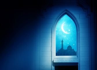 Ramadan Kareem background. .Mosque window with shiny crescent mo