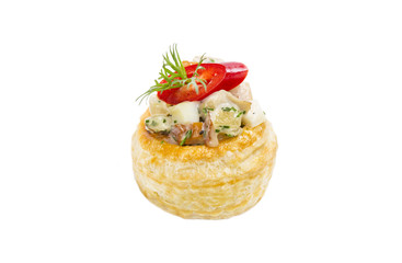 Mini Canape with meat and vegetables in plastic cups