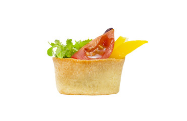 Mini Canape with meat and vegetables in plastic cups