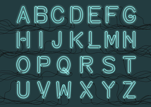 Cyan neon light bulbs custom font with electricity wires connected. Handcrafted alphabet for design. Vector .