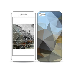 Mobile smartphone with an example of the screen and cover design isolated on white background. Polygonal background, blurred image, urban landscape, cityscape, modern triangular texture