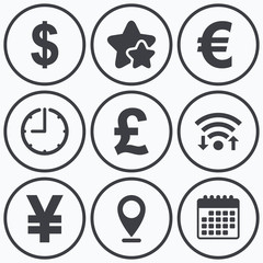 Dollar, Euro, Pound and Yen currency icons.