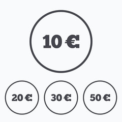 Money in Euro icons. Ten, twenty, fifty EUR.