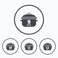 Cooking pan icons. Boil nine, twelve minutes.