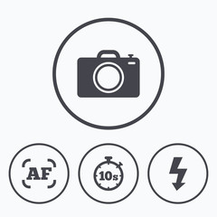 Photo camera icon. Flash light and autofocus AF.