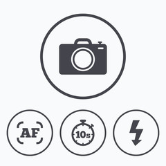 Photo camera icon. Flash light and autofocus AF.