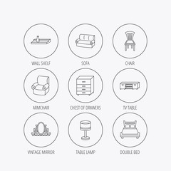 Double bed, table lamp and armchair icons.