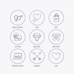 Love heart, gift box and wedding rings icons.