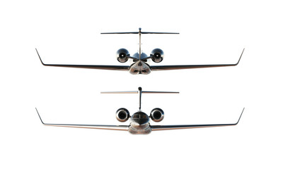 Photo Black Glossy Luxury Generic Design Private Airplane Model. Clear Mockup Isolated Blank White Background.Business Travel Picture. Back Front Side View. Horizontal. 3D rendering.