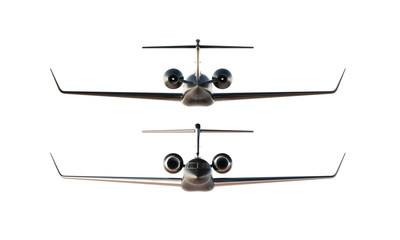 Photo Black Matte Luxury Generic Design Private Airplane Model. Clear Mockup Isolated Blank White Background.Business Travel Picture. Back Front Side View. Horizontal. 3D rendering.