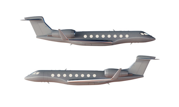 Photo Gray Matte Luxury Generic Design Private Airplane Model. Clear Mockup Isolated Blank White Background.Business Travel Picture.Left Right Side View. Horizontal. 3D rendering.