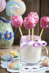 Homemade Cake pops with pink chocolate glaze, and hearts