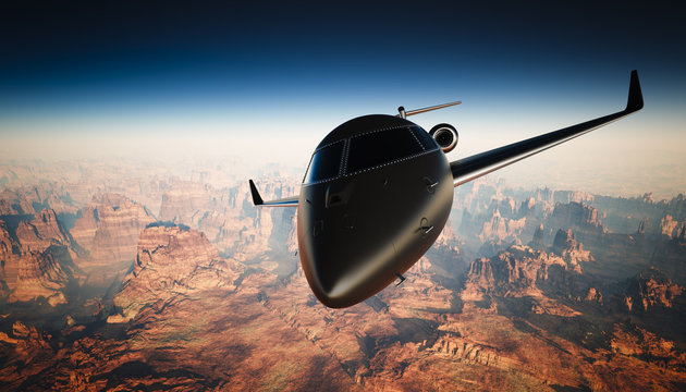 Closeup Black Matte Luxury Generic Design Private Jet Flying in Sky under the Earth Surface. Grand Canyon Background. Business Travel Picture. Horizontal, front angle view. Film Effect. 3D rendering.