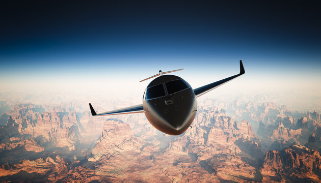 Photo Cabin Black Matte Luxury Generic Design Private Jet Flying in Sky under Earth Surface. Grand Canyon Background. Business Travel Picture. Horizontal, front view. Film Effect. 3D rendering.