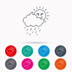 Rain and sun icon. Water drops with cloud sign.