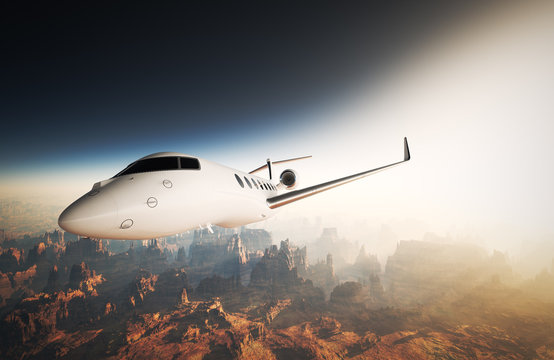 Photo White Glossy Luxury Generic Design Private Jet Flying in Sky under Earth Surface.Grand Canyon Background Sunset. Business Travel Picture.Horizontal,Right side View.Film Effect. 3D rendering.