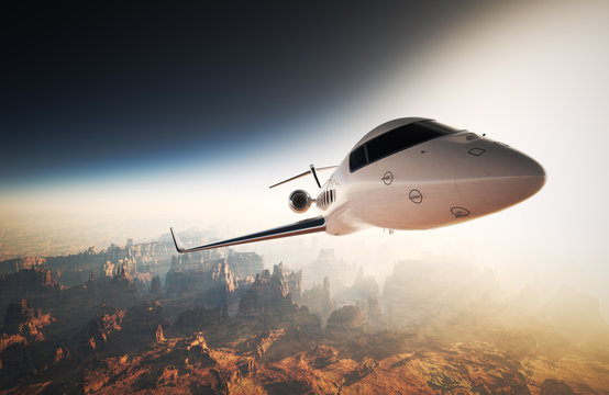 Photo White Glossy Luxury Generic Design Private Jet Flying in Sky under Earth Surface.Grand Canyon Background Sunset. Business Travel Image.Horizontal,Right Angle View.Film Effect. 3D rendering.