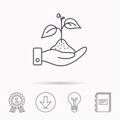 Save nature icon. Hand with plant sprout sign.