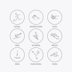 Pilates, football and skiing icons. Fishing.