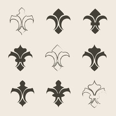 Engraving fleur de lis icons set. Antique decoration fleur de lis © 3dwithlove
