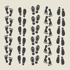 Shoes imprints set. Footprint and human step