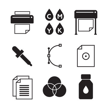 Vector set of printing icons. Palette and printer, curve bezier