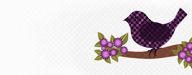 Purple and pink checkered bird sitting on branch with pink flowers, checkered white background with room for text. 