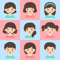 Vector illustration set of cute kids cartoon Character with different hair style.