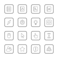 gray line web icon set with rounded rectangle frame for web design, user interface (UI), infographic and mobile application (apps)