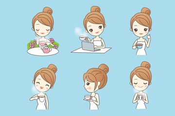 Cartoon young woman enjoy tea