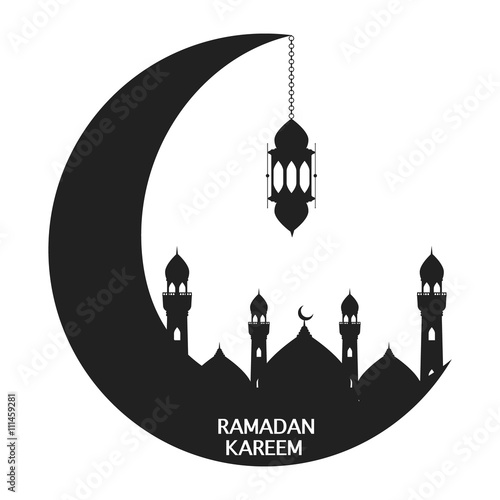 "Black moon with mosque and lantern on white background 