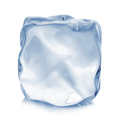 Ice cube close-up isolated on a white background.