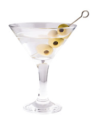 Delicious cocktail with olives in martini glass on a white background.