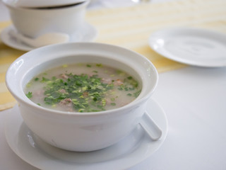 Boiled rice pork or mush for thai style breakfast