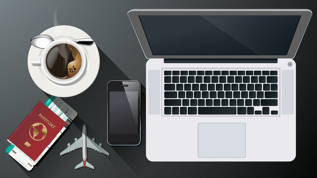 Vector business laptop, coffee cup, smart phone, passport, fligh