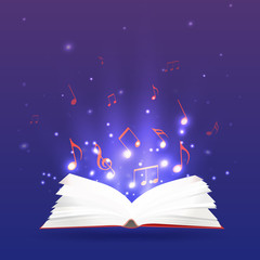 Vector illustration of an open book with rays and musical notes.