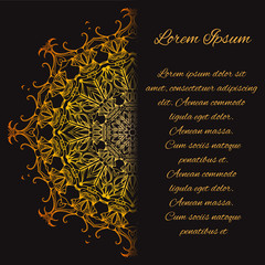 Gold vintage card with doodle pattern and place for text. Circular luxury pattern. Card Template.