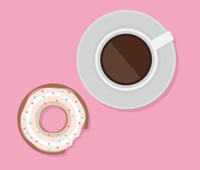 Vector illustration of cup of coffee and donut. View from above. Lunch.
