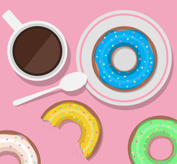 Vector illustration of a cup of coffee and donuts. View from above. Lunch.