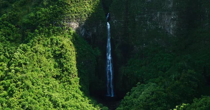 Aerial view of giant waterfall in tropical rain forest jungle. Hanakapiai Falls, Kauai