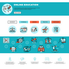 E-learning, education or training courses web design template. Online tutorials and web education vector illustration