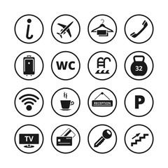 Hotel icons vector set. Hotel travel set icon, tourism sign or symbol for hotel service illustration