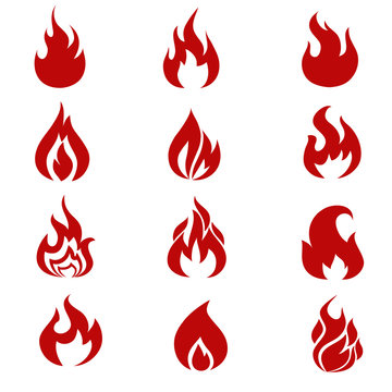 Red fire flames symbols, icons vector set. Fire power tattoo and hot flame fire for brand or logo illustration