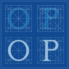Designing Initials, letters O and P, blueprint.