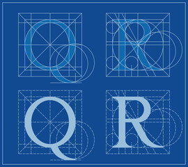 Designing Initials, letters Q and R, blueprint.