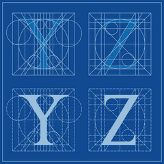 Designing Initials, letters Y and Z, blueprint.