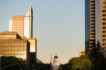 The sun lights up glass on the downtown Sacramento Skyline