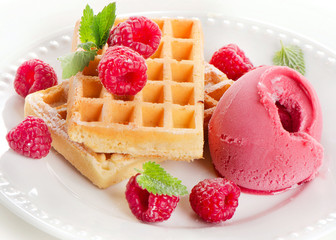 Belgian waffles with raspberries sorbet